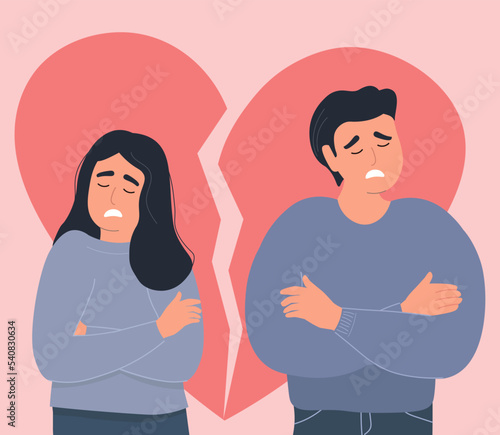 A couple in a quarrel keeps a broken heart. The concept of complex relationships, resentment. A man and a woman had a fight. Vector graphics.