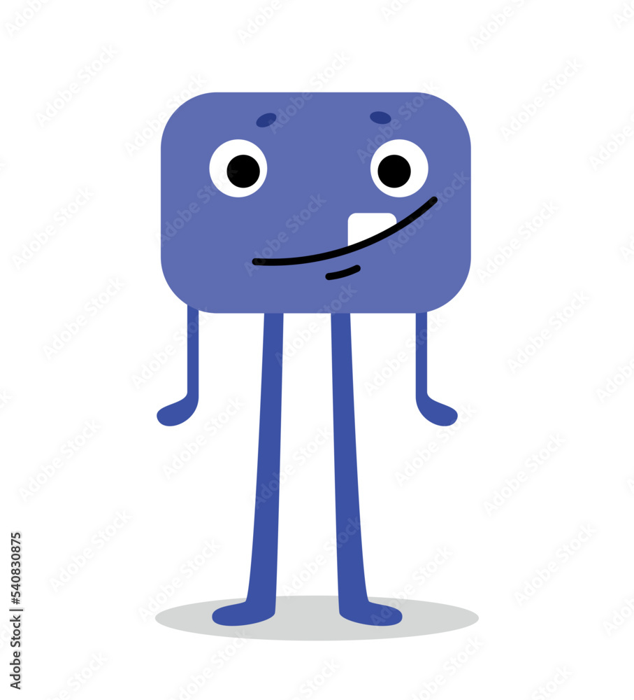 Blue monster character. Rectangular mutant with long legs. Toy or mascot for children. Graphic element for printing on fabric. Imagination, mysticism and fairy tale. Cartoon flat vector illustration Blue monster character. Rectangular mutant with long legs. Toy or mascot for children. Graphic element for printing on fabric. Imagination, mysticism and fairy tale. Cartoon flat vector illustration