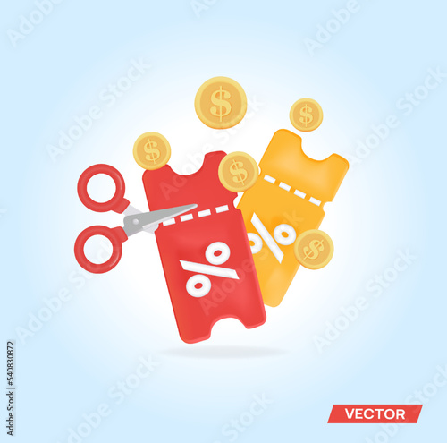 Scissors cut coupon. Falling anets in the background. Vector illustration for discounts and special offers. 3d in high quality