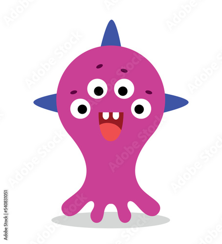 Violet monster character. Unusual mutant with blue spike and large number of eyes. Toy or mascot for children. Fear and horror. Magic, mysticism and sorcery. Cartoon flat vector illustration