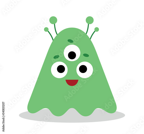 Green monster character. Oddly shaped mutant with horns and three eyes. Graphic element for website, sticker for social media. Imagination, sorcery and fairy tale. Cartoon flat vector illustration