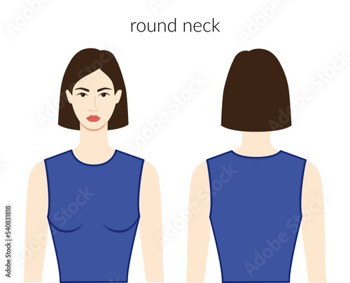 Round neckline clothes character beautiful lady in blue top, shirt, dress technical fashion illustration with fitted body. Flat apparel template front and back sides. Women, men unisex CAD mockup