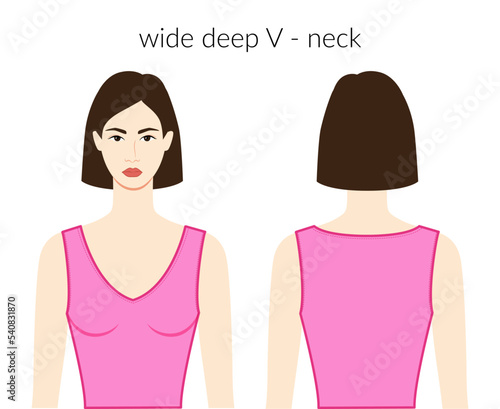 Wide deep V - neckline clothes character beautiful lady in pink top, shirt, dress technical fashion illustration with fitted body. Flat apparel template front, back sides. Women, men unisex CAD mockup