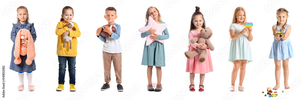 Group of small children with toys on white background Group of small children with toys on white background