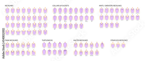 Set of necklines clothes - collars, plackets, knits, sweaters, tops, strapless, turtlenecks, tank, halter technical fashion illustration. Flat apparel template front sides. Women, men CAD mockup