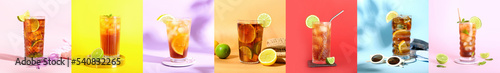 Collage of glasses with tasty Long Island iced tea on color background photo