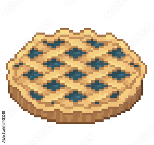 An 8-bit retro-styled pixel-art illustration of a blueberry pie.