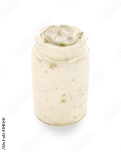 Jar with delicious Caesar sauce on white background