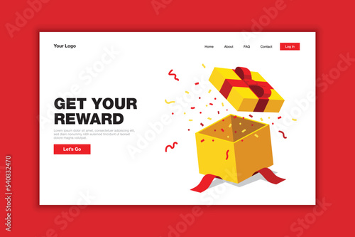 Simple concept of landing page with red theme open gift box template landing page, flat design isometric illustration, vector ui wireframe interface for app web banner hero image layout development