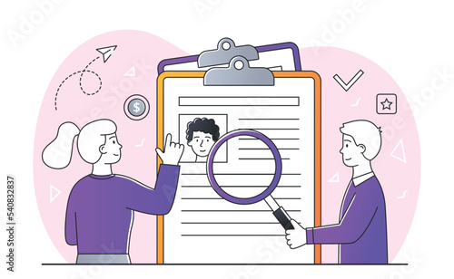 Business recruiting concept. Young girl and man with magnifying glass evaluate resume of candidate for vacancy. HR managers at workplace. Recruitment to company. Cartoon flat vector illustration