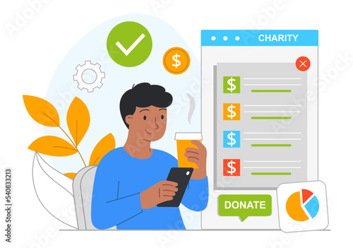 Charity online service. Man with smartphone and mug of coffee in his hand looks at graphs and charts. Activist and volunteer evaluates his donation statistics. Cartoon flat vector illustration