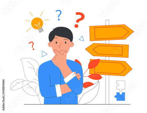 Difficult decision making. Man stands next to arrows and evaluates facts. Talented entrepreneur or businessman, thoughtful character. Emotions and facial expressions. Cartoon flat vector illustration