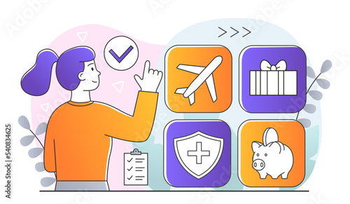 Employee benefits concept. Woman looks at offers from company, free flights, bonuses and medical insurance. Favorable offer, care for employees. Poster or banner. Cartoon flat vector illustration