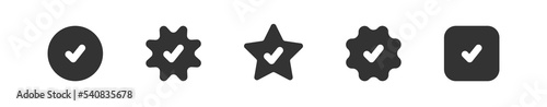 Checkmark icon. Circle and square check mark. Yes, ok, good, confirm sign. Star check symbol in vector flat