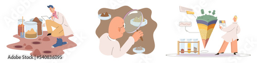 Soil analysis and earth pollution metaphor or structure control. Nutrients microorganism composition research ground layer structure sample. Soil laboratory test. Scientist measuring levels status