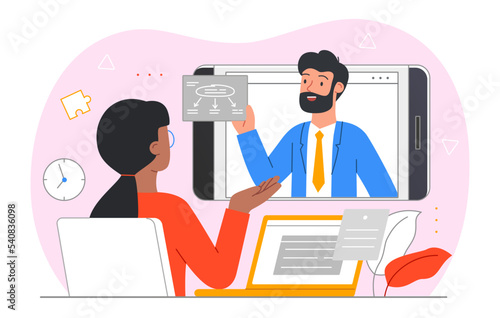 Online Class concept. Woman with glasses watches online lecture. Distance education and training, student preparing for test or exam. Poster or banner for website. Cartoon flat vector illustration