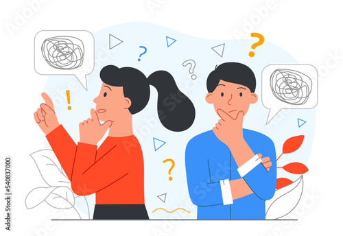 People shrugging concept. Man and woman trying to solve problem, thoughtfulness and uncertainty. Emotions and facial expressions, frustration. Poster or banner. Cartoon flat vector illustration