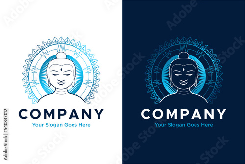 buddha with mandala behind logo
