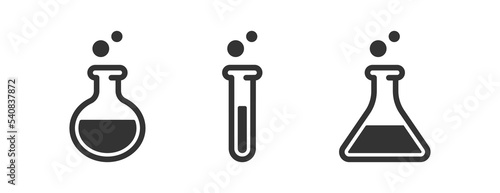 Beaker icon. Lab logo. Laboratory chemistry icon set. Chemical biology sign. Science experiment glass symbol. Analysis, bio medical illustration in vector flat
