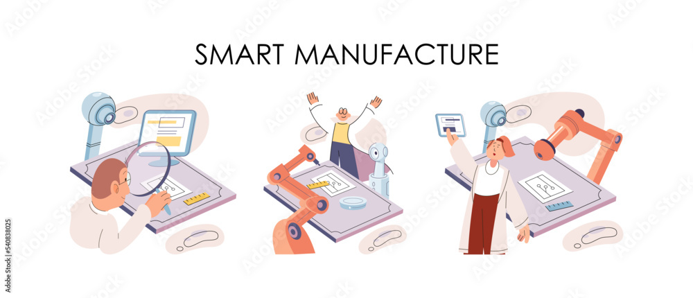Smart manufacture, automation development metaphor. Innovative smart industry product design, manufacturing process, automated production line, delivery and distribution robots machinery industry 4.0 Smart manufacture, automation development metaphor. Innovative smart industry product design, manufacturing process, automated production line, delivery and distribution robots machinery industry 4.0