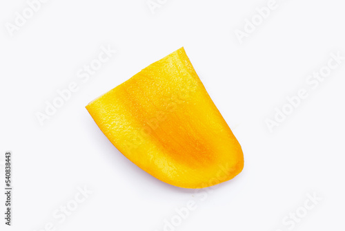 Mango fruit slices on white background.