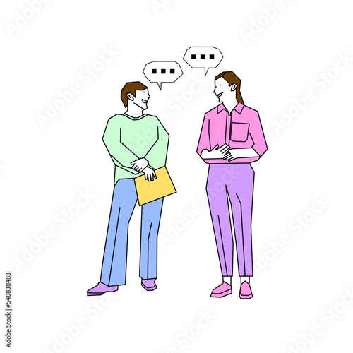 male and female creative team illustration discussing business work standing and looking happy and successful