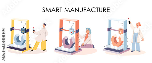 Manufacturing process industry. Scientist robot assembling products. Smart manufacture, automation development metaphor. Smart industry product design, automated production, robots and machinery 4.0