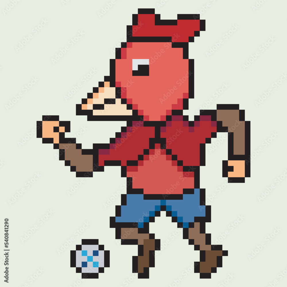Pixel art. Soccer player chicken character kick the ball.