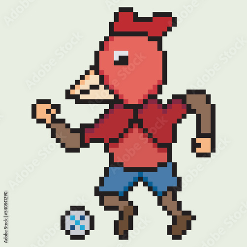 Pixel art. Soccer player chicken character kick the ball.