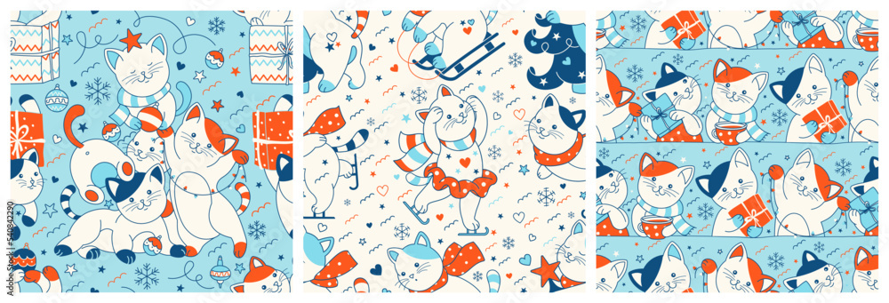 Set of cute Christmas seamless pattern with fun hand drawn cats. Merry catmas vector illustration, surface, fabric design, wrapping paper art. Set of cute Christmas seamless pattern with fun hand drawn cats. Merry catmas vector illustration, surface, fabric design, wrapping paper art.