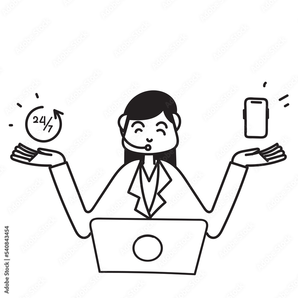 hand drawn doodle customer service agent with laptop and phone illustration hand drawn doodle customer service agent with laptop and phone illustration