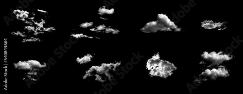 White clouds isolated on black background, many different set of clouds on black for overlay
