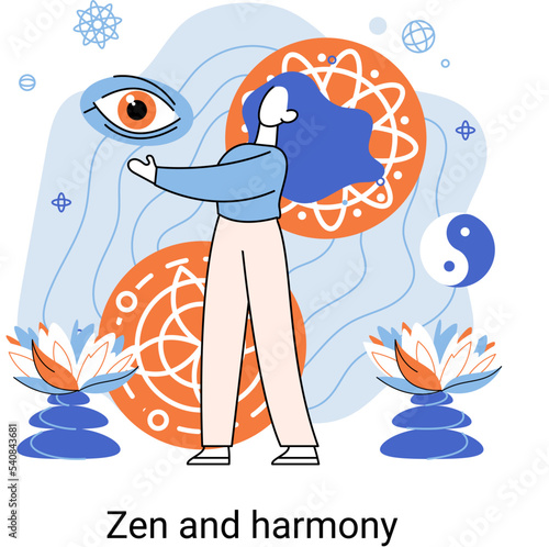 Zen and harmony metaphor, meditation practice. Balance, relaxation, mindfulness. Calm person relaxing. Yoga and spiritual practice, relax, recreation, healthy lifestyle. Japanese cult of mind and body