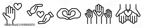 Conjunto de iconos de corazón en la mano. Símbolo de donación y amor. Ilustración vectorial