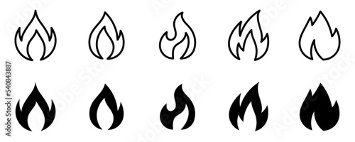 Conjunto de icono de llama de fuego. Silueta de hoguera, llama ardiente. Ilustración vectorial photo