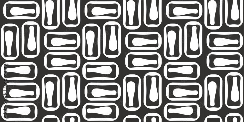 Tile black and white from the shapes of bottles or skittles. Vector with horizontal and vertical seamless tiles.