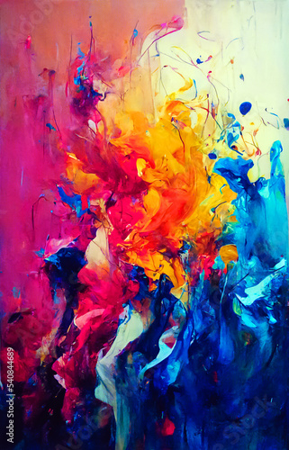 Abstract painting splashes of paint in synchonised colorful grouping  on canvas