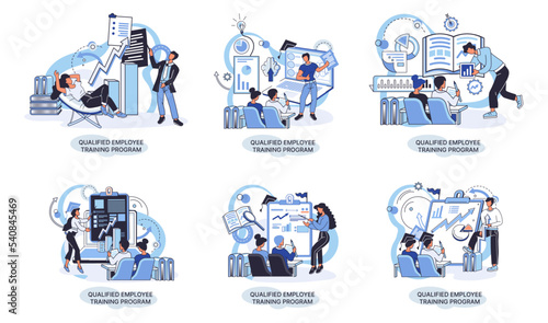 Qualified employee training program. Refresher course metaphor. Help in professional development. Learning for software development and growth. Agile project management team project life scrum meeting