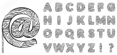 Paisley pattern henna alphabet full. Set of ABC letters and simbols. Decorative black doodle patterned ornamental font. Indian, Indonesian or Pakistani motif. photo