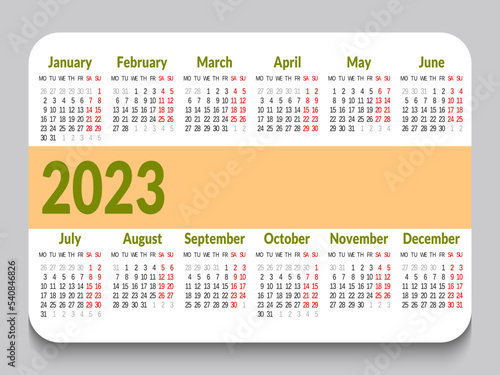Calendar grid pocket for 2023 in English. The week starts on Monday. Calender template simple minimal business clean design. Horizontal orientation.