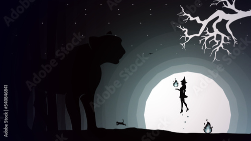 fire witch background. floating witch with fire in her hand. witch versus tiger monster illustration. Woman Warrior Under Moon Night and Dark Day. witch walpaper. 