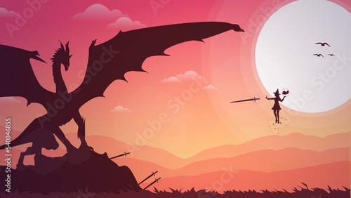 sunset background. witch versus dragon illustration. floating witch with magic book in hand. fantasy wallpaper with mythological animal. sunrise. sunset. fight with sword.