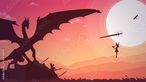 witch versus dragon illustration. floating witch with magic book in hand. fantasy wallpaper with mythological animal. sunset. fight with sword. sunset background. sunrise. 