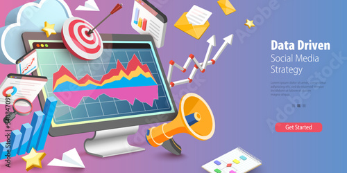 3D Vector Conceptual Illustration of Data Driven Social Media Strategy, Marketing Data and Web Analysis