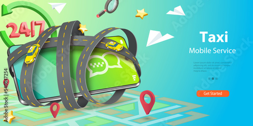 3D Vector Conceptual Illustration of Taxi Mobile Service, Yellow Cab Online Ordering