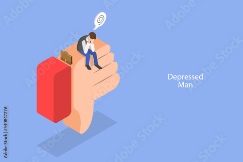 3D Isometric Flat Vector Conceptual Illustration of Depressed Man, Mental stress or Headache