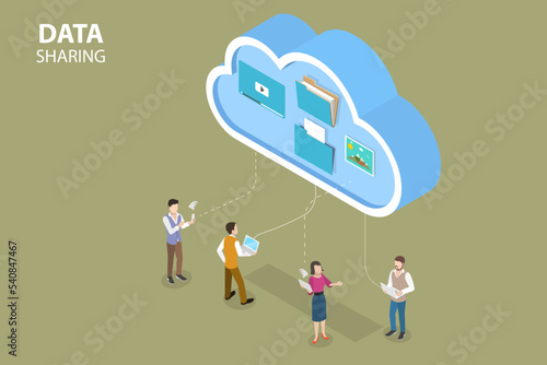 3D Isometric Flat Vector Conceptual Illustration of Data Sharing, Information Exchange and File Transfer