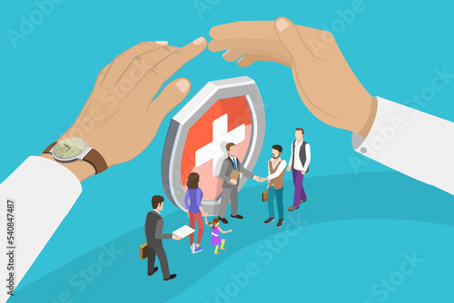 3D Isometric Flat Vector Conceptual Illustration of Insurance Policy, Life Safety and Medical Care Guarantee