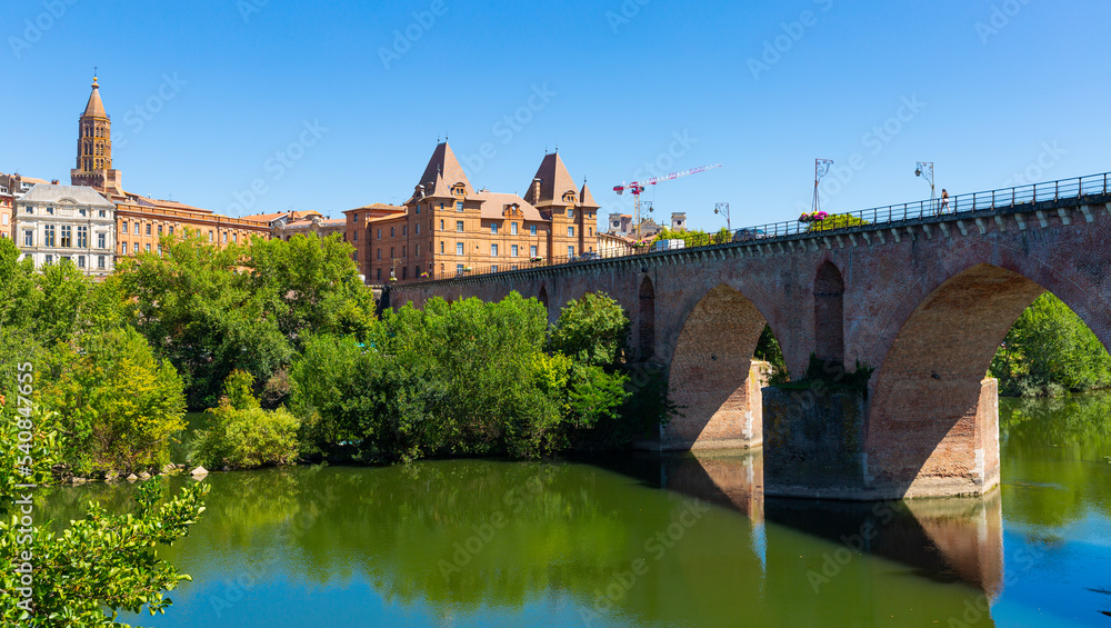 Montauban with bridge and river Tarn in Tarn-et-Garonne department, Occitanie region in southern France
