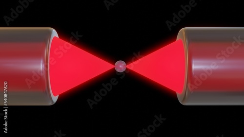 Optical Tweezer. Optical trap with captured particle in center. 3d render illustration concept.